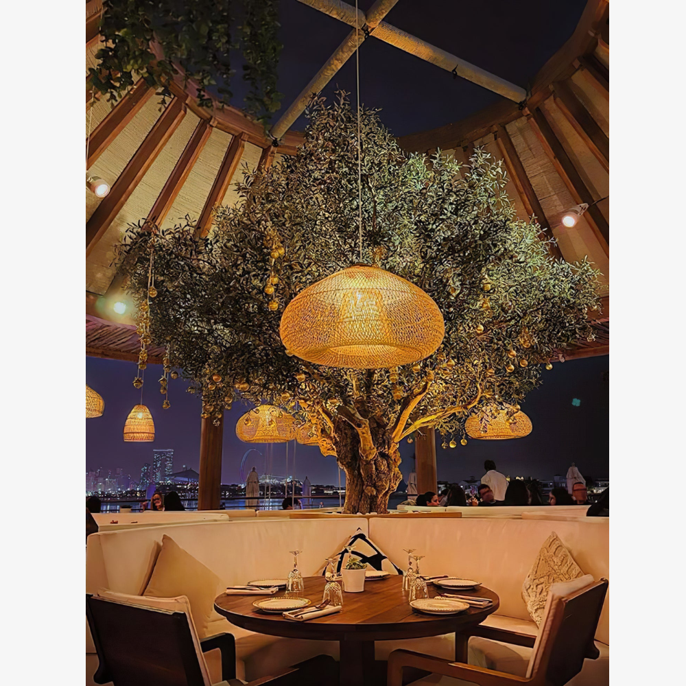Modern Rattan Silhouette Pendant Light - Woven Basket Hanging Lamp with Wood Cap