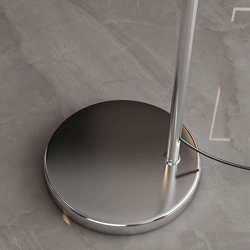 Bogen-Stehlampe mit kugelförmigem Metallschirm und Edelstahlgestell