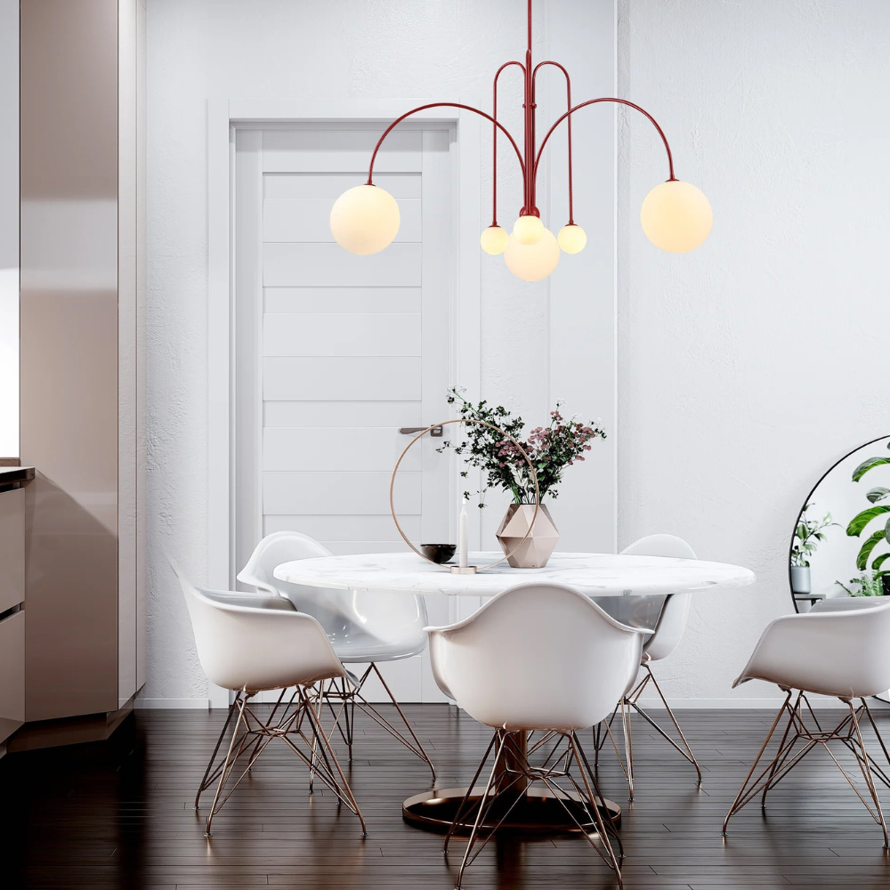 Chandelier with Arched Arms and Frosted Globes - Modern Mid Century