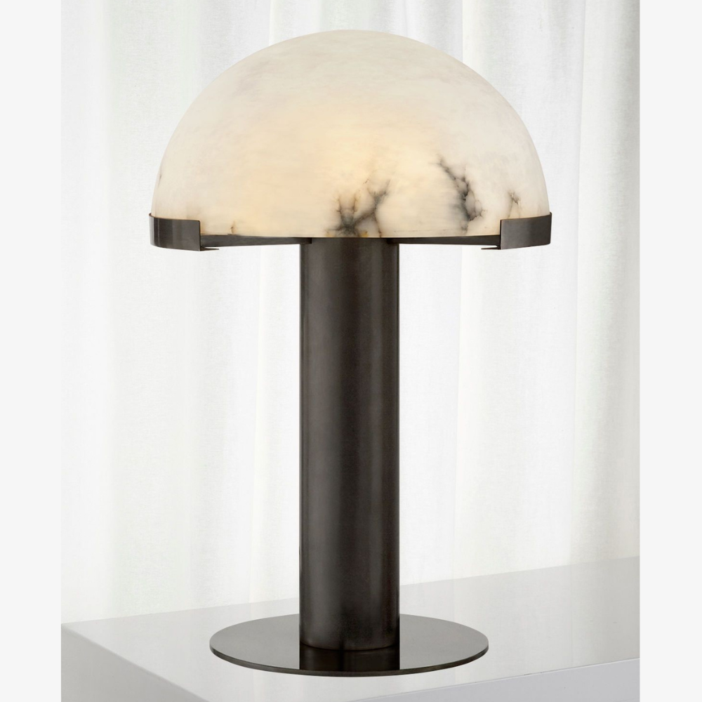 Glas- und Alabaster-Kuppeltischlampe mit Metallfuß – Mid-Century-Modern