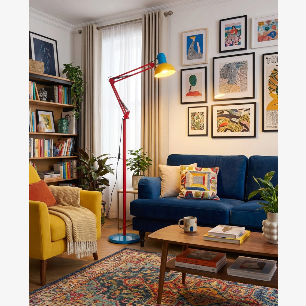 Adjustable Floor Lamp – Memphis Style with Spring-Balanced Articulated Arm and Metal Dome Shade
