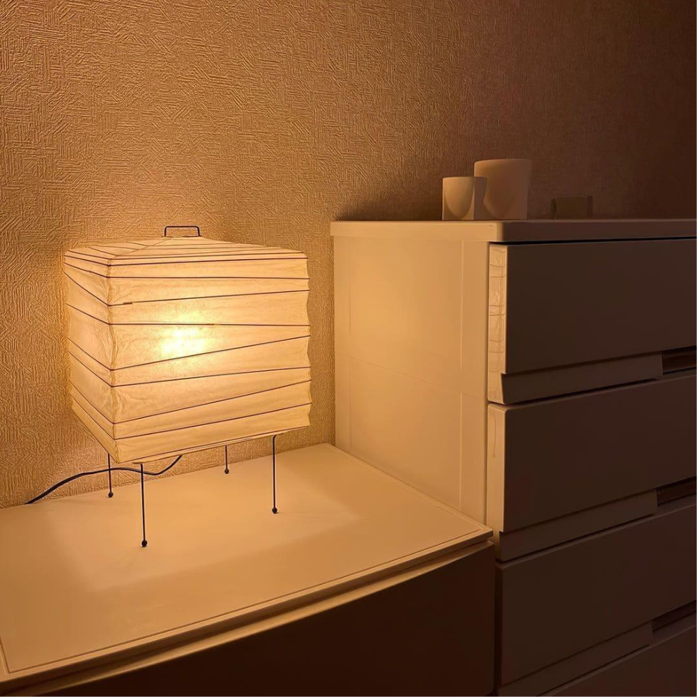 Japanese Paper Lantern Table Lamp with Metal Handle - Wabi Sabi Design