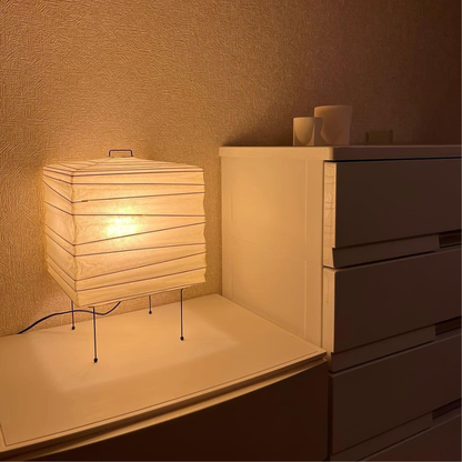 Japanese Paper Lantern Table Lamp with Metal Handle - Wabi Sabi Design