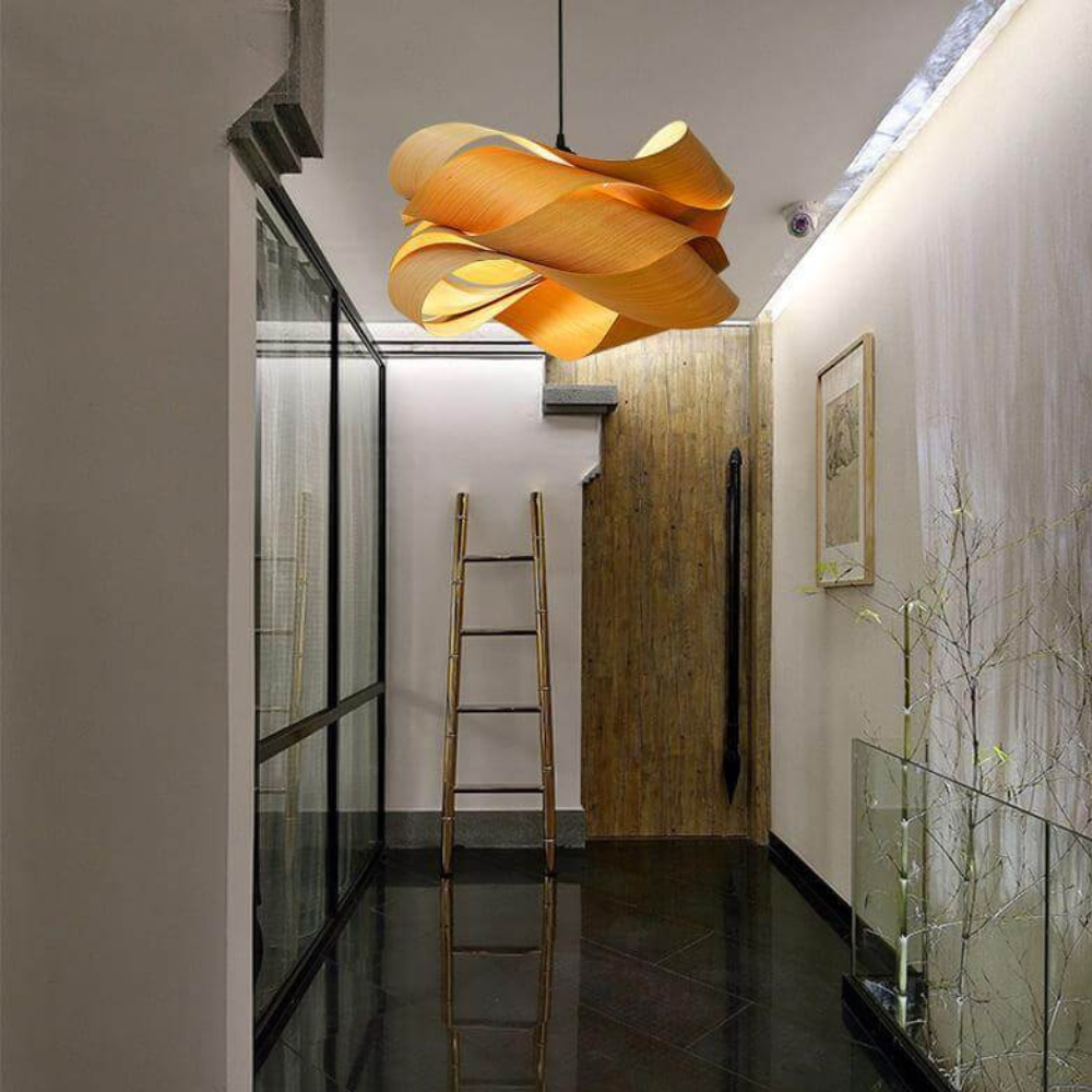 Wood Ribbon Pendant Light with Spiral Shade - Mid Century Modern