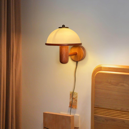 Mushroom Wall Sconce with Oak Wood Base - Mid Century Scandinavian