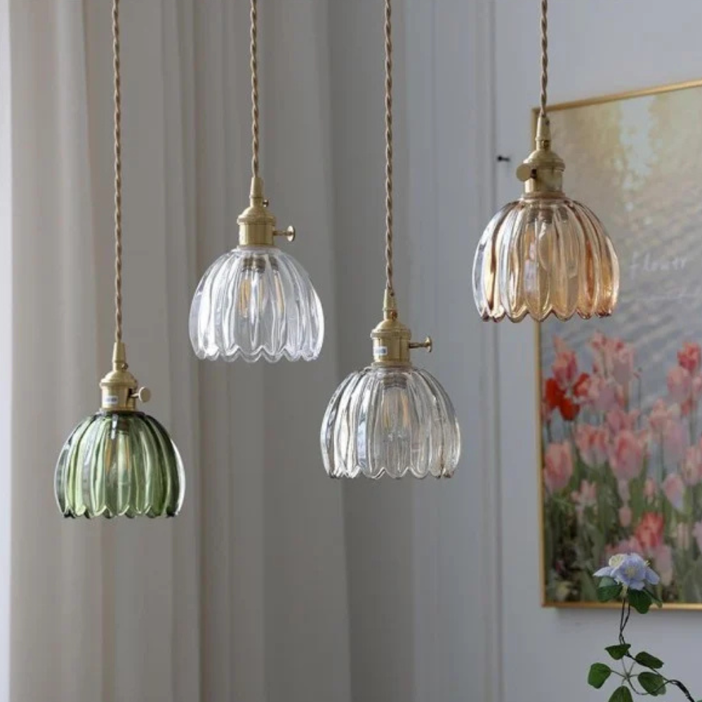 Glashängelampe mit gewelltem Blumen-Schirm – Retro Mid Century