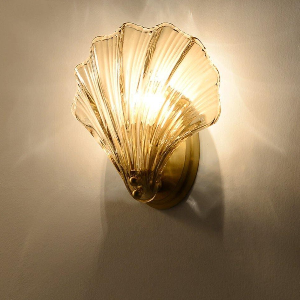 Shell Glass Wall Sconce with Scalloped Ribbed Shade - Coastal Art Deco