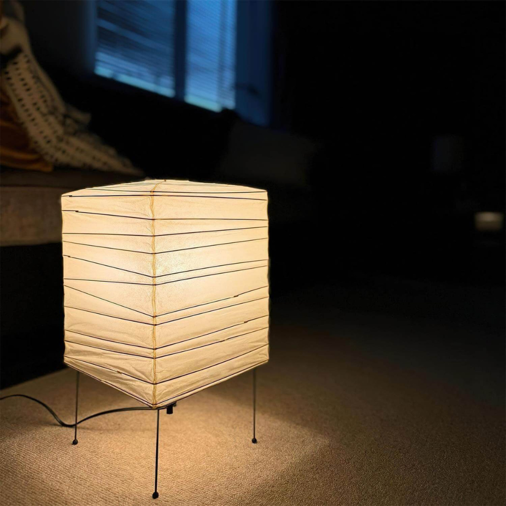 Japanese Paper Lantern Table Lamp with Metal Handle - Wabi Sabi Design