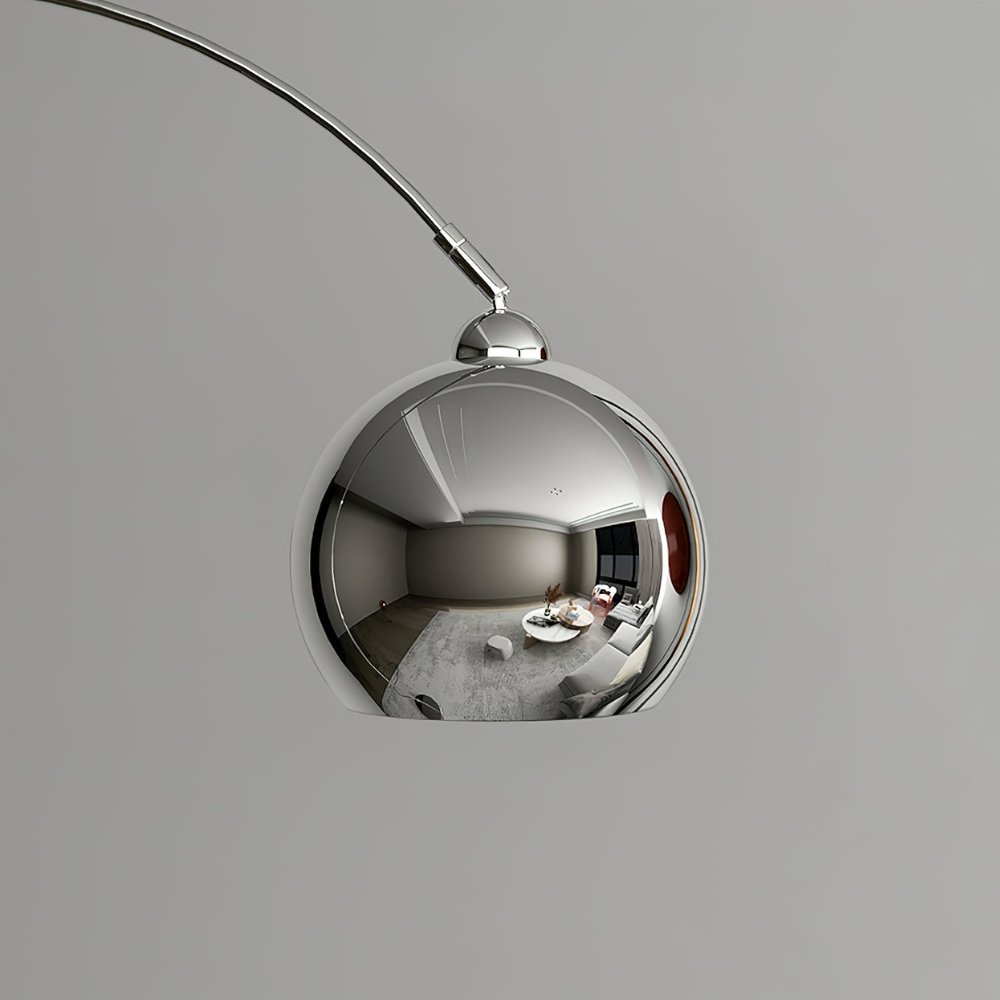 Bogen-Stehlampe mit kugelförmigem Metallschirm und Edelstahlgestell