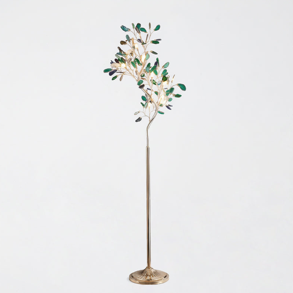 Stehlampe mit natürlichen Achatstein-Blättern und Metallgestell in Astform