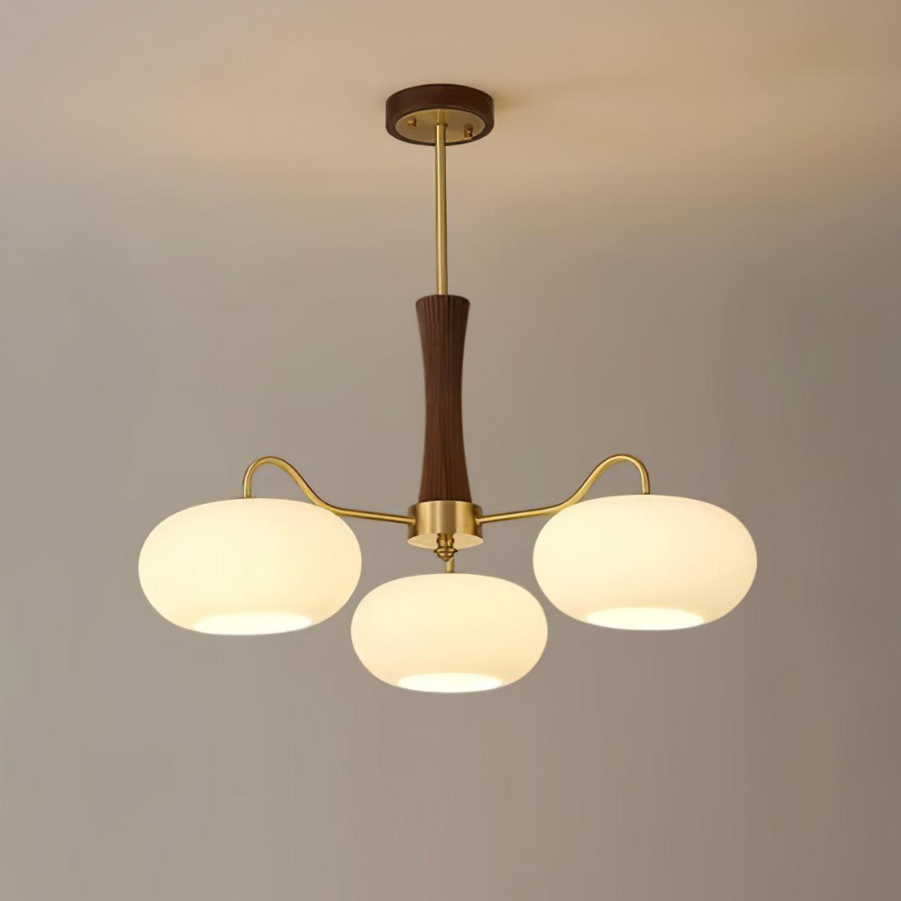 Chandelier with Walnut Wood and Persimmon Glass Shades - Modern Mid Century