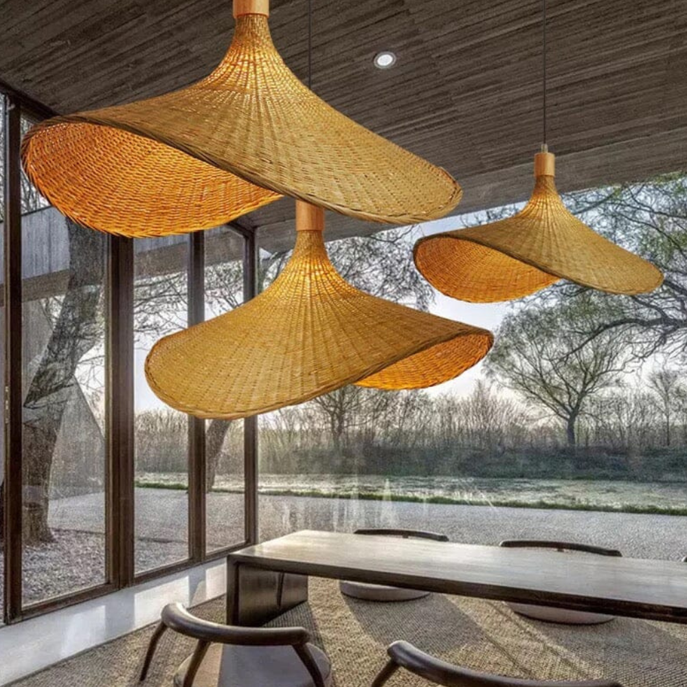 Woven Bamboo Sun Hat Pendant Light - Coastal Boho Decor