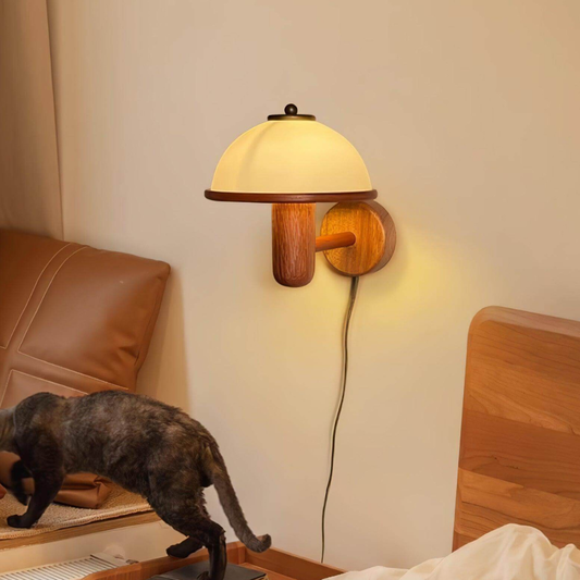 Mushroom Wall Sconce with Oak Wood Base - Mid Century Scandinavian