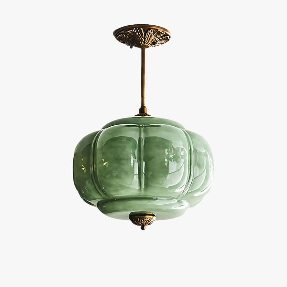 Gerippte Kürbis-Hängelampe mit kunstvollem Metallbesatz – Mid-Century-Design