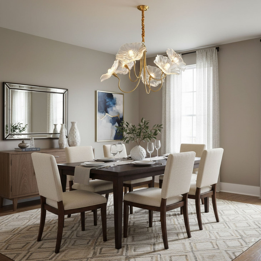 Chandelier with Flower Glass Shades and Gold Metal Frame - Modern Art Deco