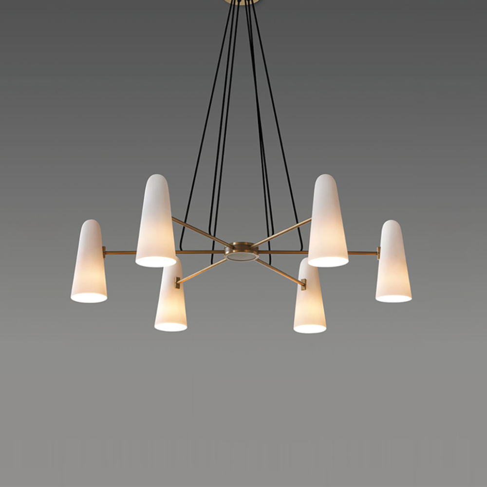 Lustre avec abat-jours en verre conique et cadre métallique - Moderne milieu du siècle