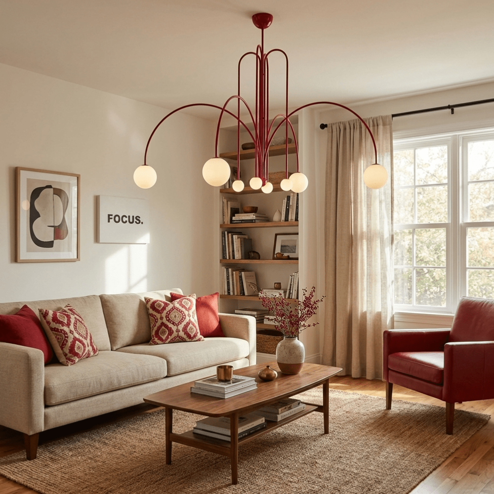 Chandelier with Arched Arms and Frosted Globes - Modern Mid Century