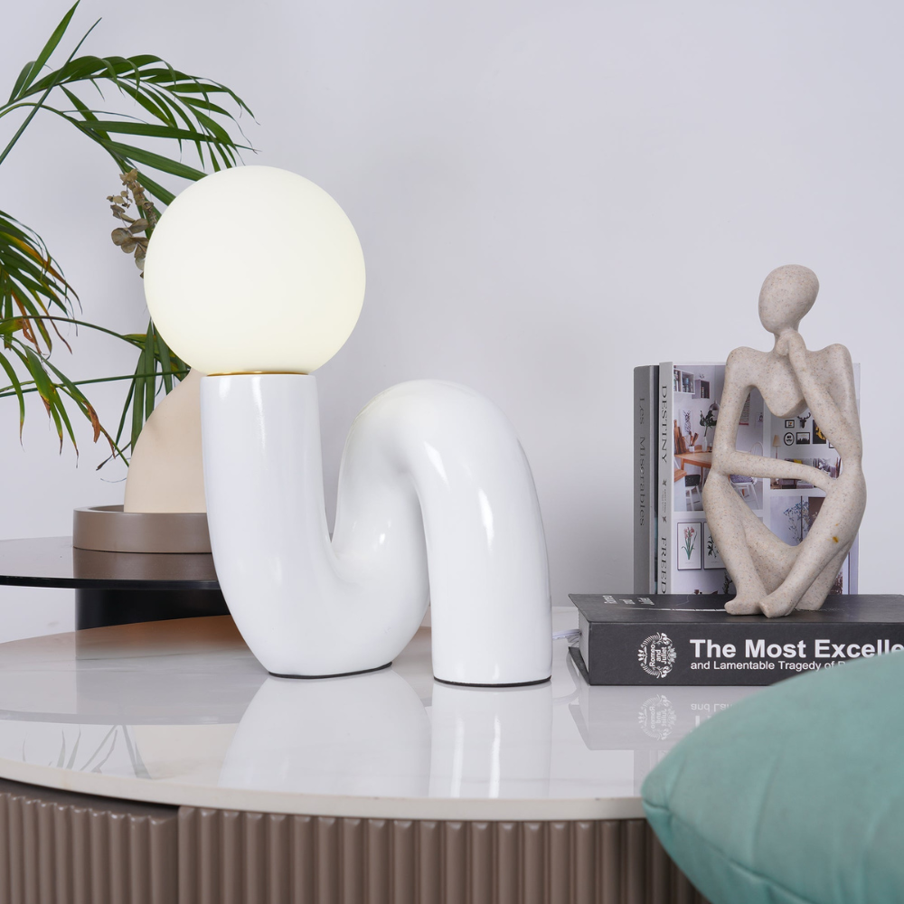 Curved Resin Accent Lamp with White Globe - Playful Contemporary Decor