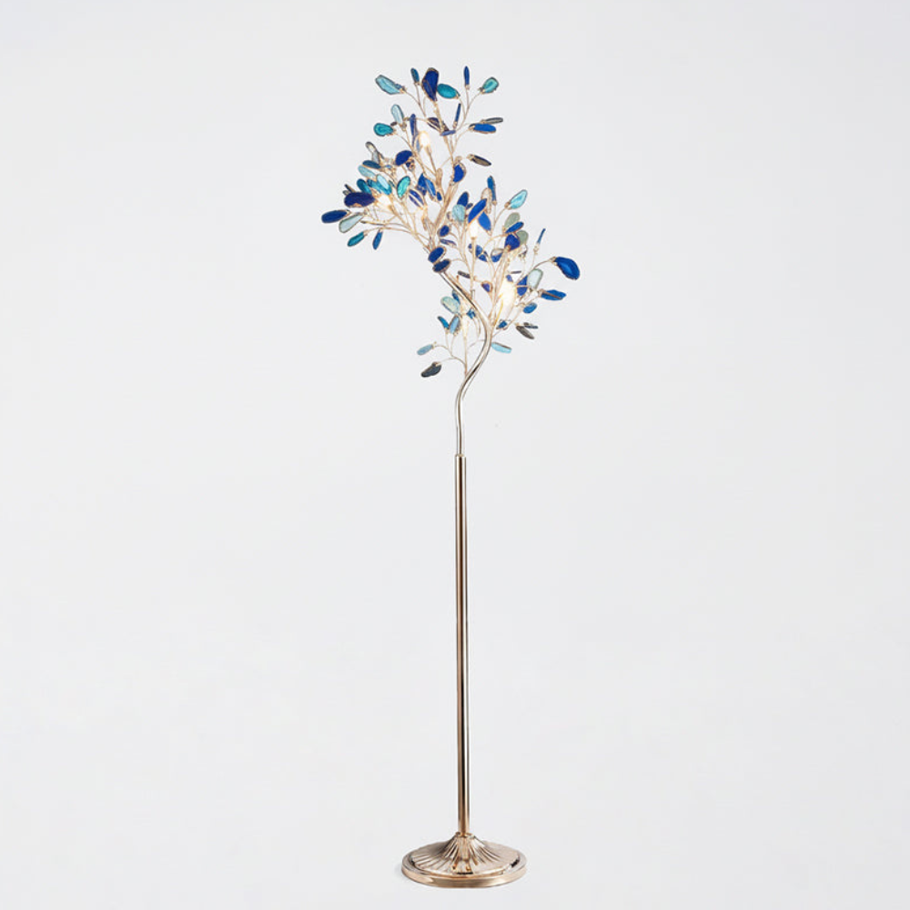 Stehlampe mit natürlichen Achatstein-Blättern und Metallgestell in Astform