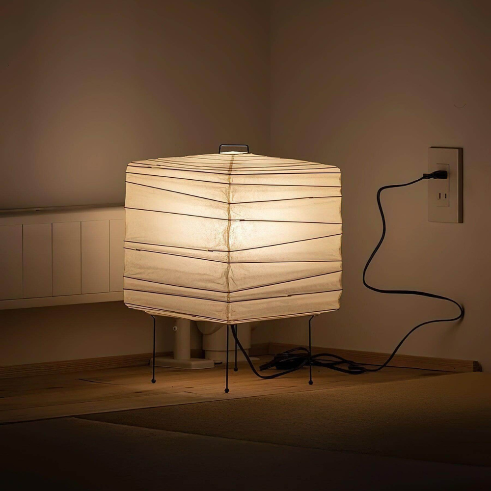 Japanese Paper Lantern Table Lamp with Metal Handle - Wabi Sabi Design