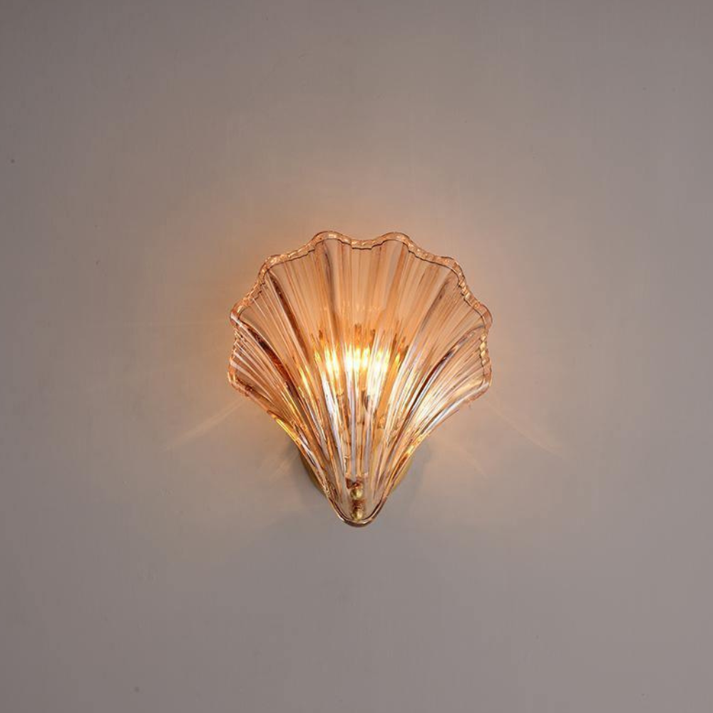 Shell Glass Wall Sconce with Scalloped Ribbed Shade - Coastal Art Deco