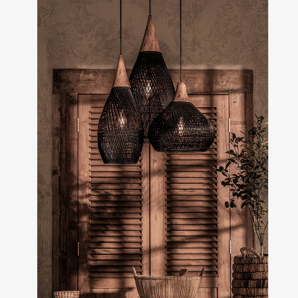 Modern Rattan Silhouette Pendant Light - Woven Basket Hanging Lamp with Wood Cap