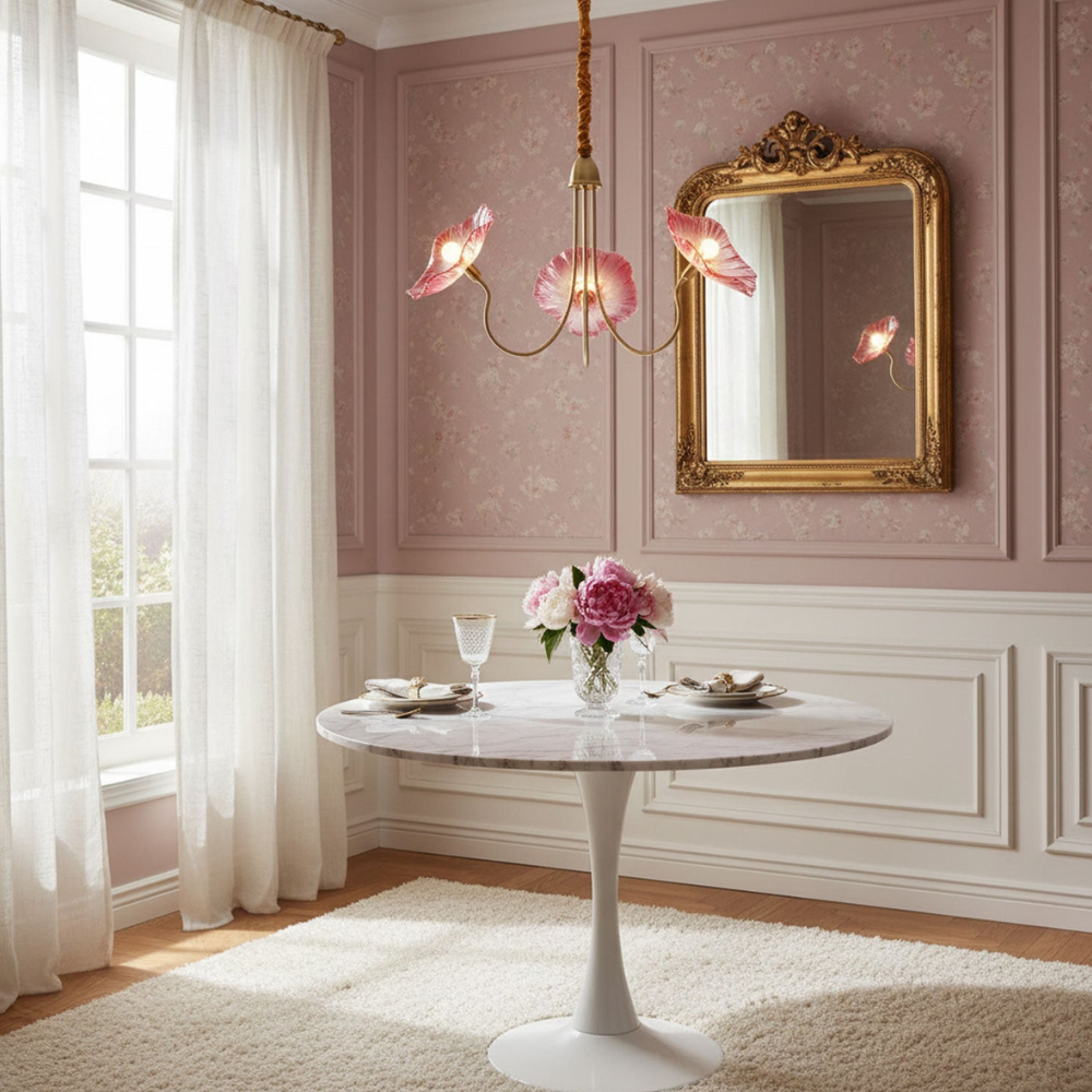 Chandelier with Flower Glass Shades and Gold Metal Frame - Modern Art Deco