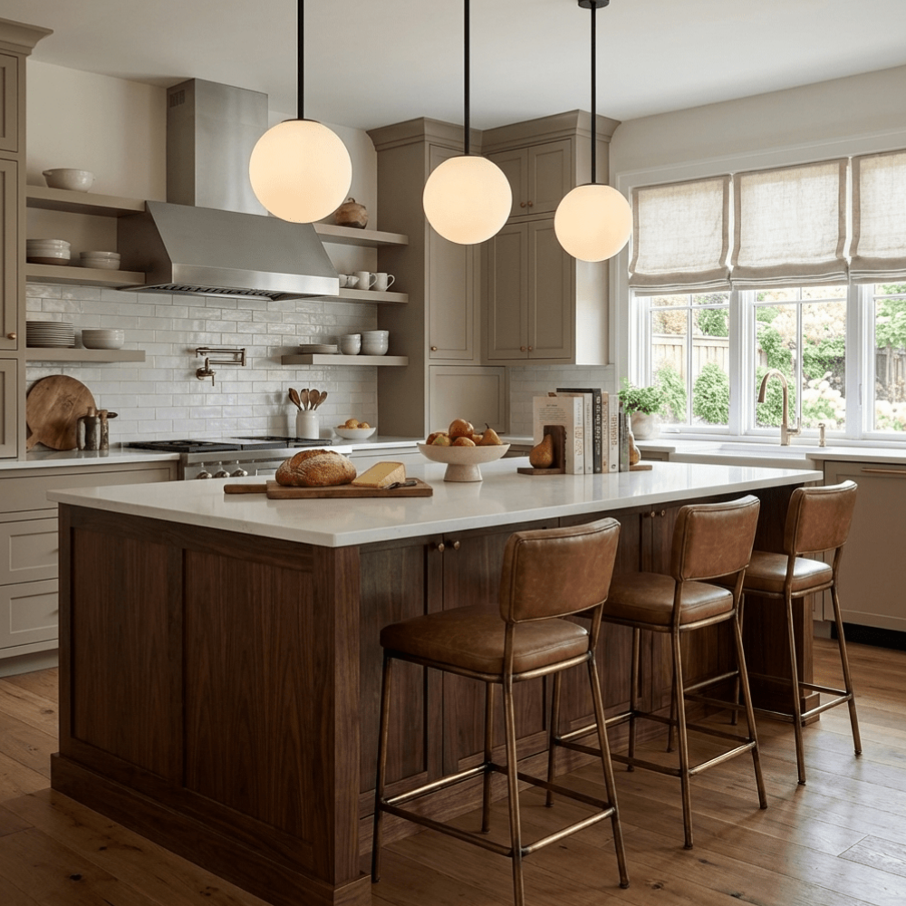 Chandelier with Arched Arms and Frosted Globes - Modern Mid Century