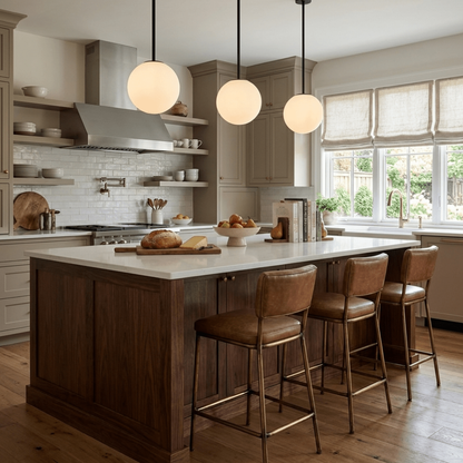 Chandelier with Arched Arms and Frosted Globes - Modern Mid Century