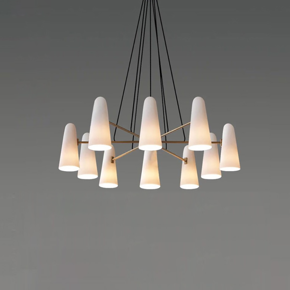 Lustre avec abat-jours en verre conique et cadre métallique - Moderne milieu du siècle