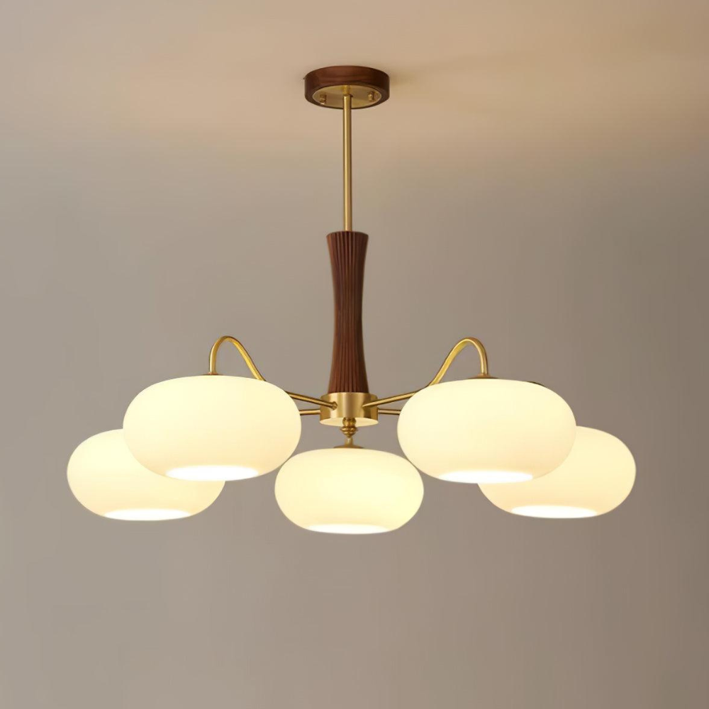 Chandelier with Walnut Wood and Persimmon Glass Shades - Modern Mid Century