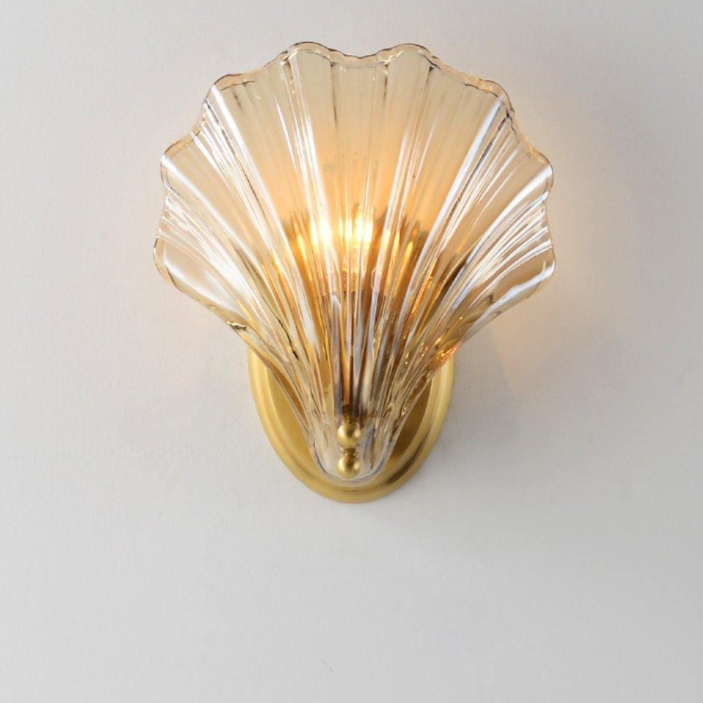 Shell Glass Wall Sconce with Scalloped Ribbed Shade - Coastal Art Deco