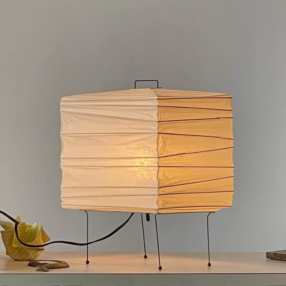 Japanese Paper Lantern Table Lamp with Metal Handle - Wabi Sabi Design