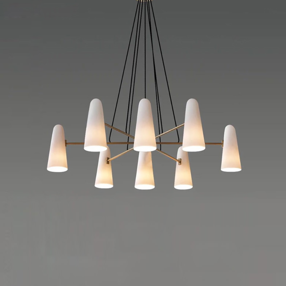 Lustre avec abat-jours en verre conique et cadre métallique - Moderne milieu du siècle