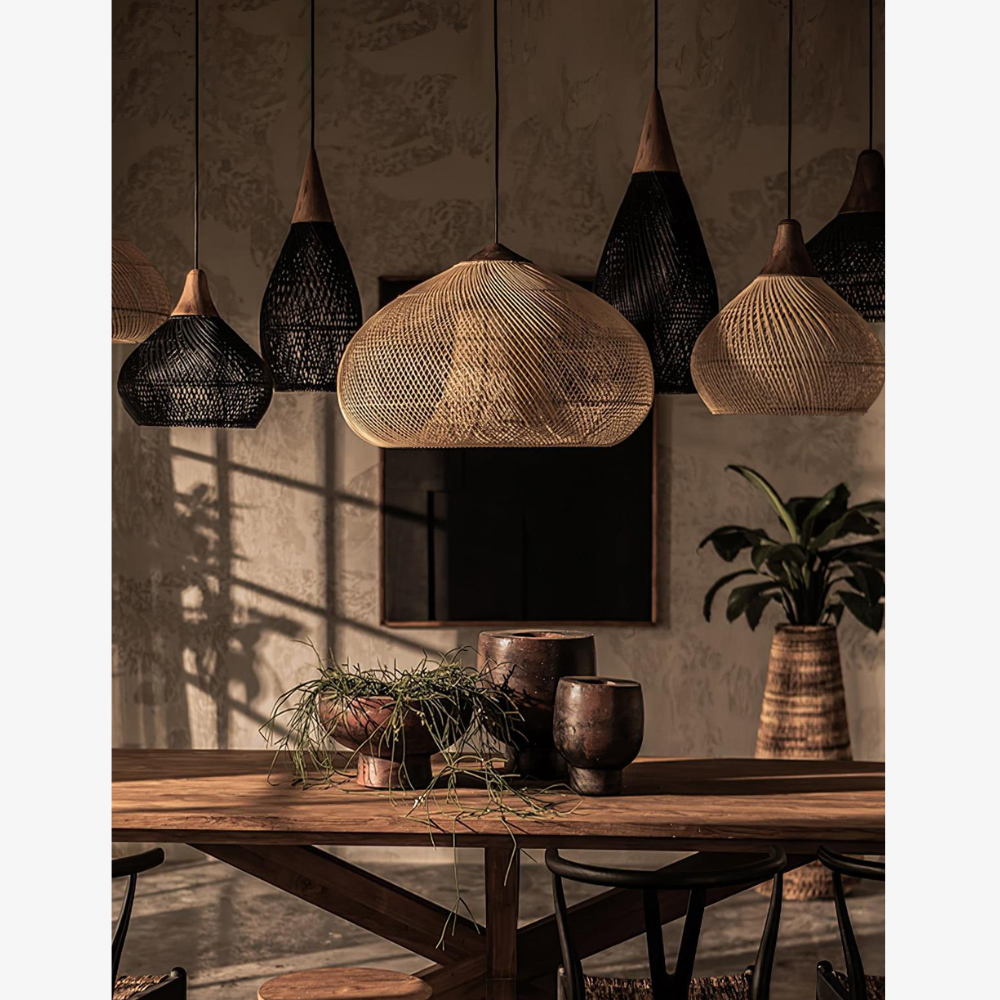 Modern Rattan Silhouette Pendant Light - Woven Basket Hanging Lamp with Wood Cap