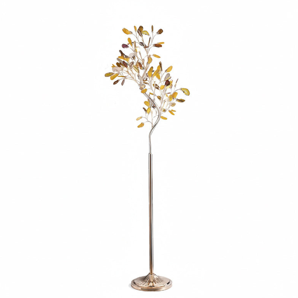 Stehlampe mit natürlichen Achatstein-Blättern und Metallgestell in Astform