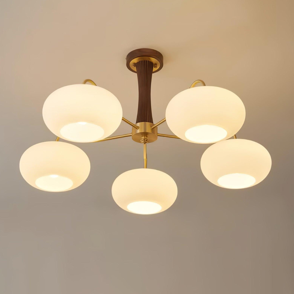Chandelier with Walnut Wood and Persimmon Glass Shades - Modern Mid Century