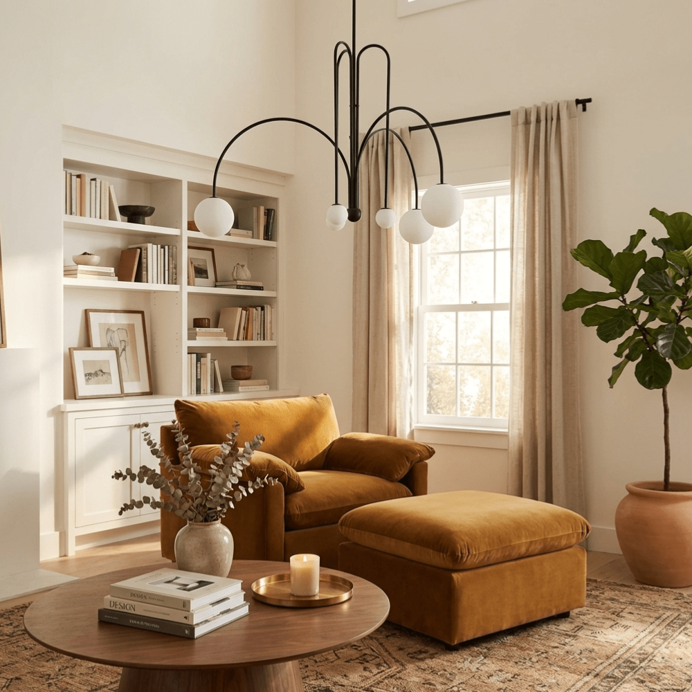 Chandelier with Arched Arms and Frosted Globes - Modern Mid Century