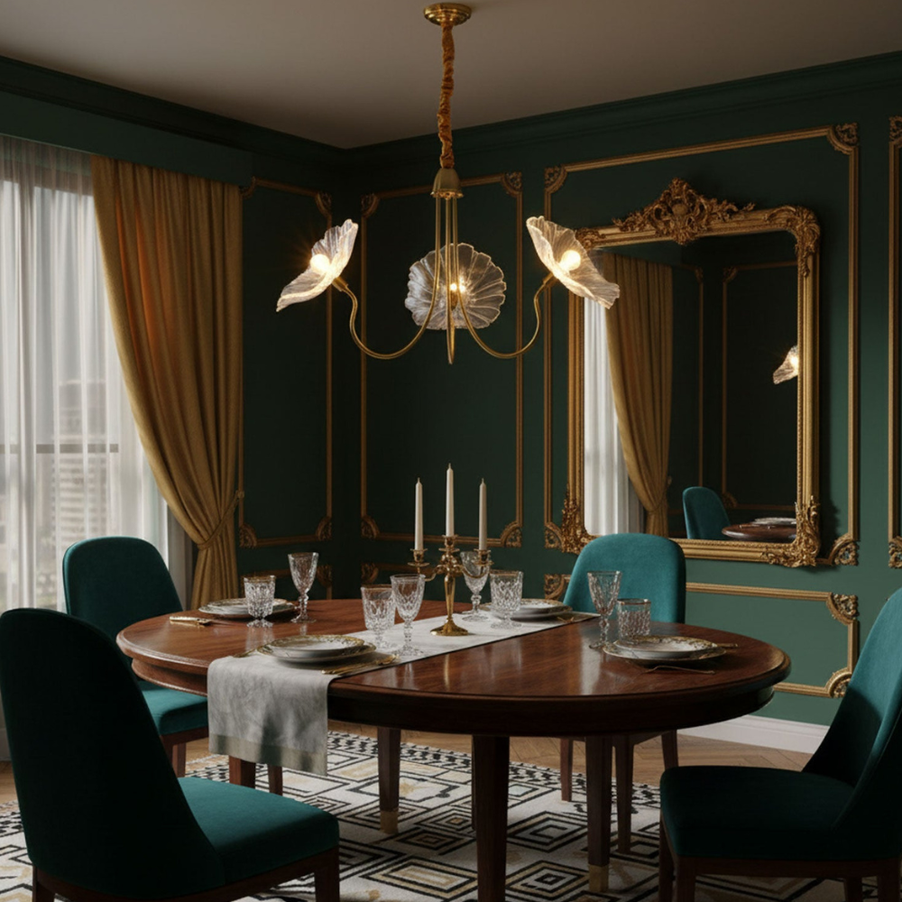Chandelier with Flower Glass Shades and Gold Metal Frame - Modern Art Deco
