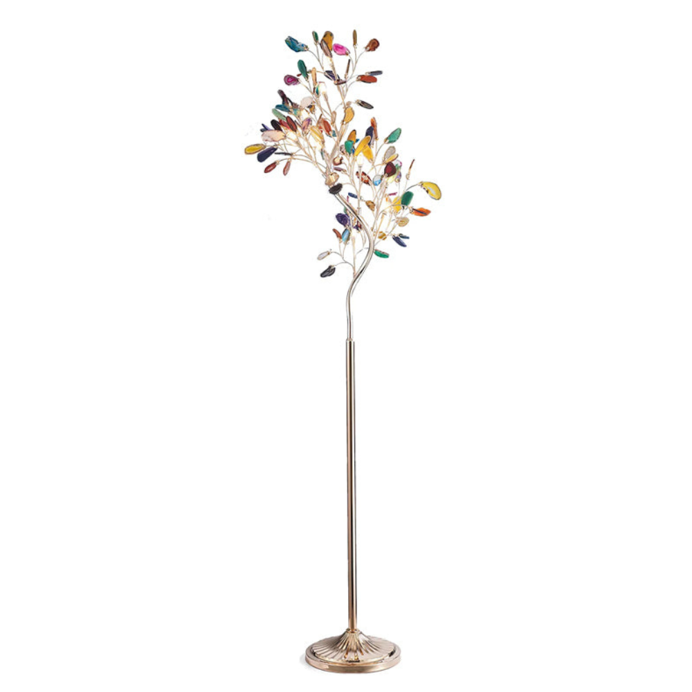 Stehlampe mit natürlichen Achatstein-Blättern und Metallgestell in Astform