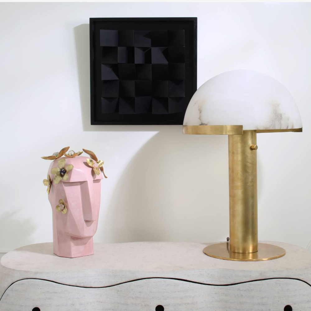 Glas- und Alabaster-Kuppeltischlampe mit Metallfuß – Mid-Century-Modern