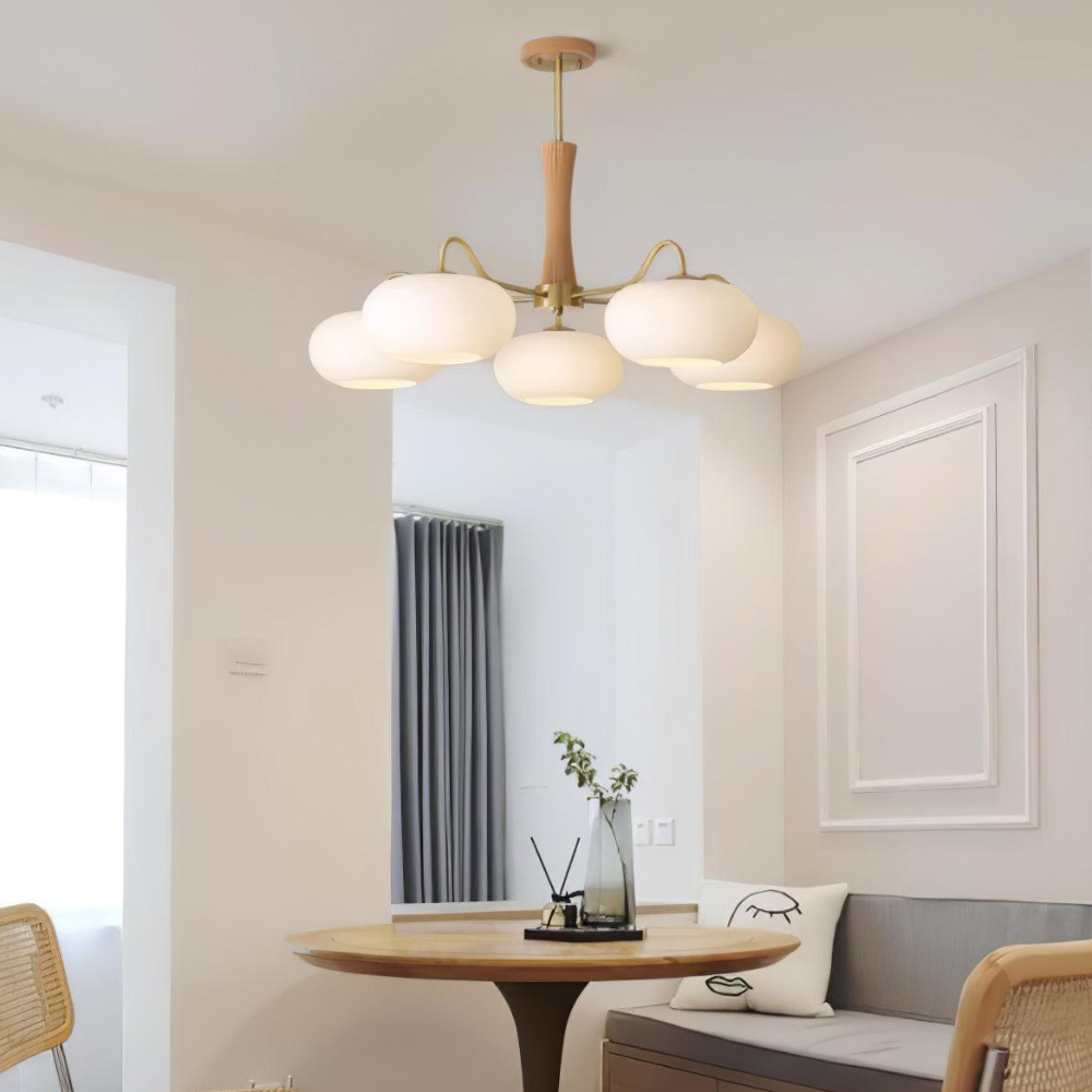 Chandelier with Walnut Wood and Persimmon Glass Shades - Modern Mid Century