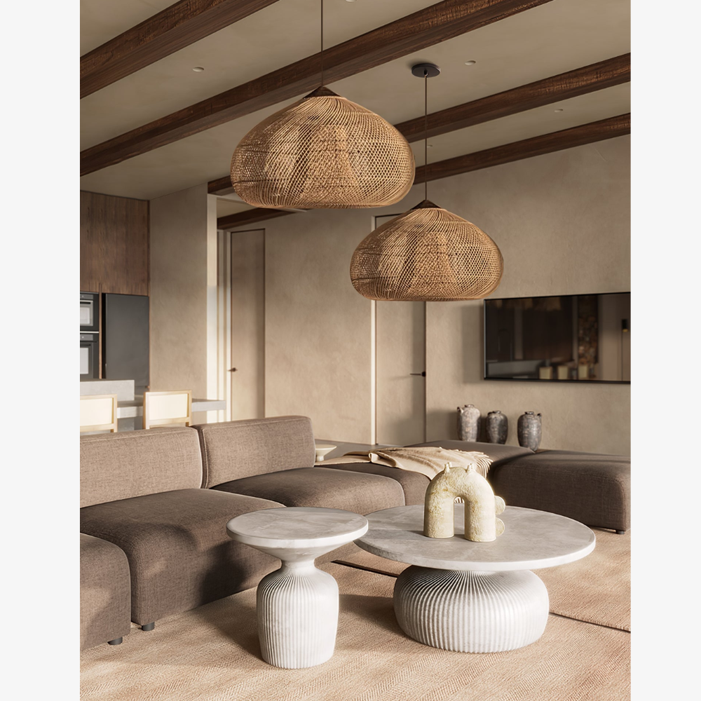 Modern Rattan Silhouette Pendant Light - Woven Basket Hanging Lamp with Wood Cap