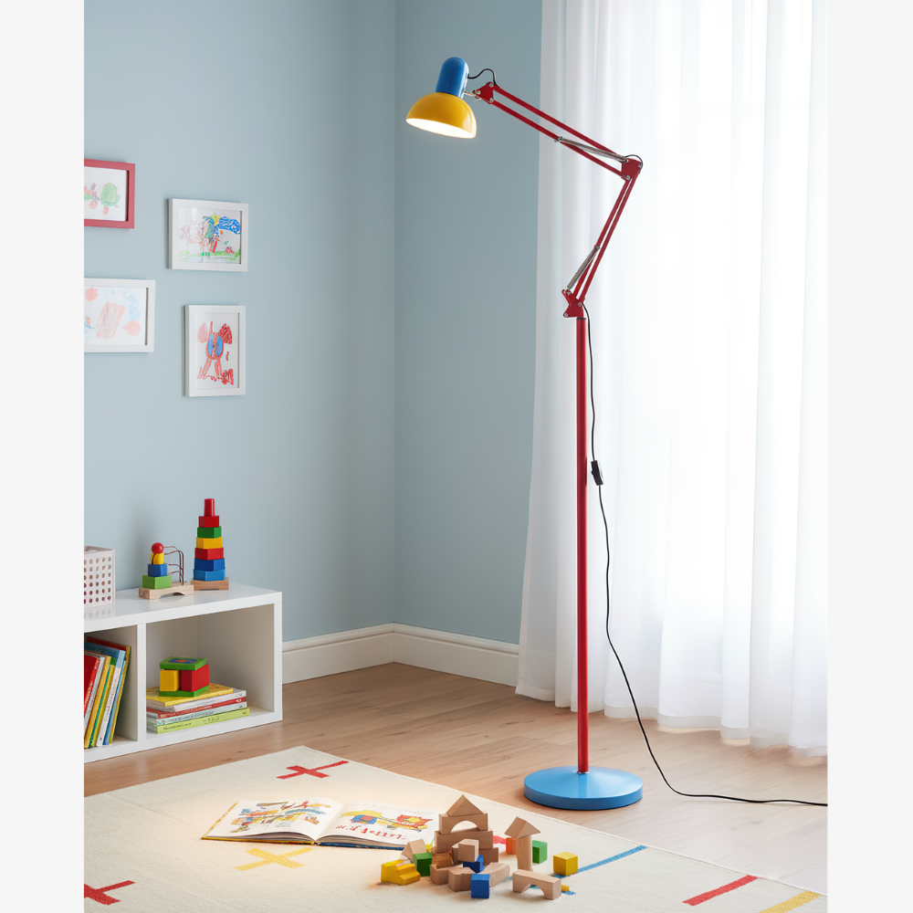 Adjustable Floor Lamp – Memphis Style with Spring-Balanced Articulated Arm and Metal Dome Shade