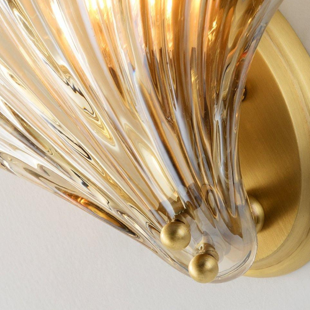 Shell Glass Wall Sconce with Scalloped Ribbed Shade - Coastal Art Deco