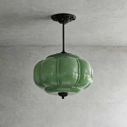 Ribbed Pumpkin Hanging Lamp with Ornate Metalwork - Mid Century Design