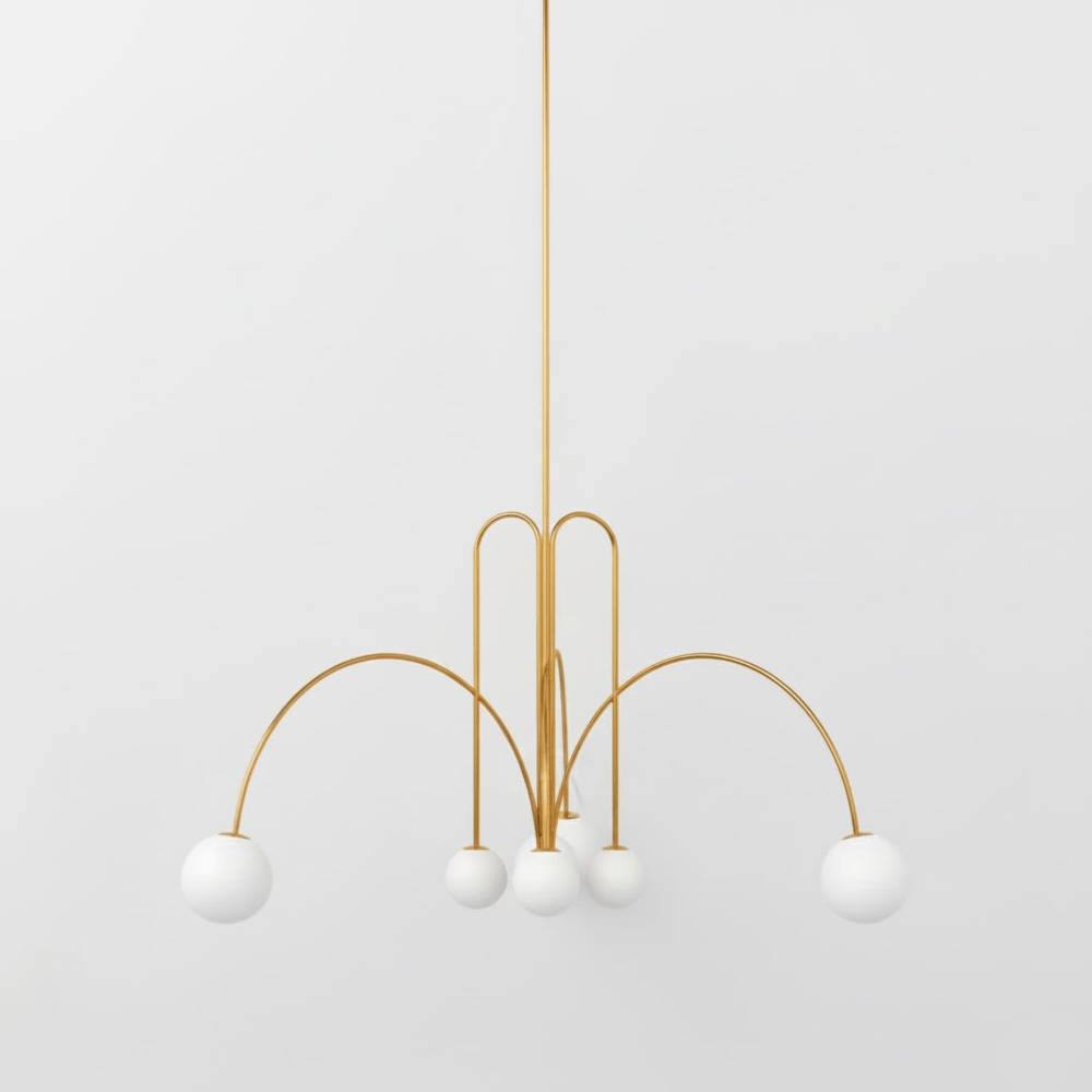 Chandelier with Arched Arms and Frosted Globes - Modern Mid Century
