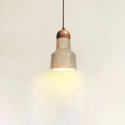 Wabi-Sabi Travertine Style Pendant Light with Solid Wood - Modern Earthy Decor