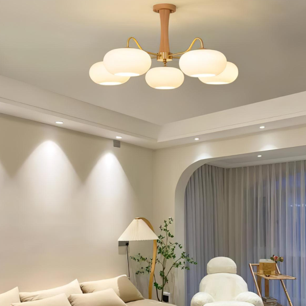 Chandelier with Walnut Wood and Persimmon Glass Shades - Modern Mid Century