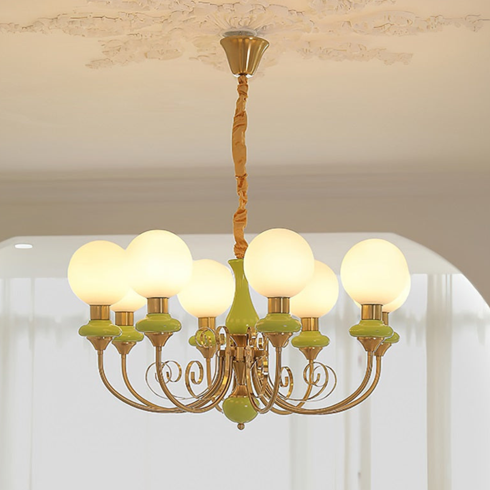 Chandelier with Milky Glass Globes and Scrollwork Frame - Vintage French Style
